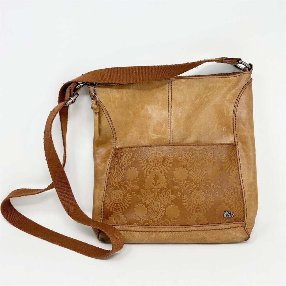 The Sak Lucia Crossbody Bag Womens Medium Tobacco Brown Floral Embossed Leather